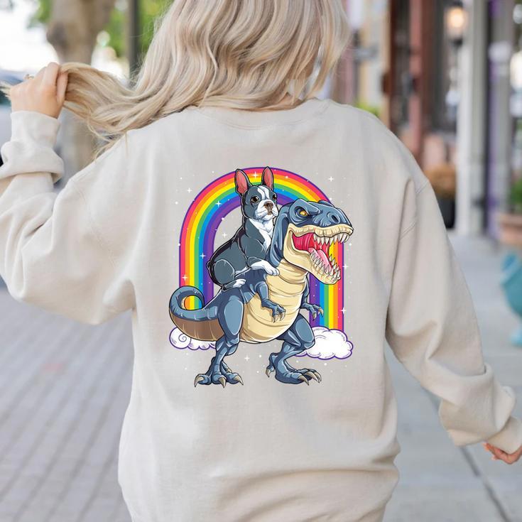 Boston Terrier Riding Dinosaur T-Rex Boys Kids Rainbow Women's Sweatshirt Back Print