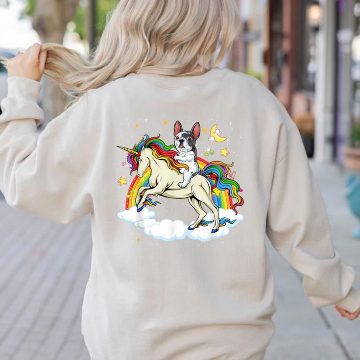 Boston Terrier Riding Unicorn Boys Girls Kids Rainbow Women's Sweatshirt Back Print