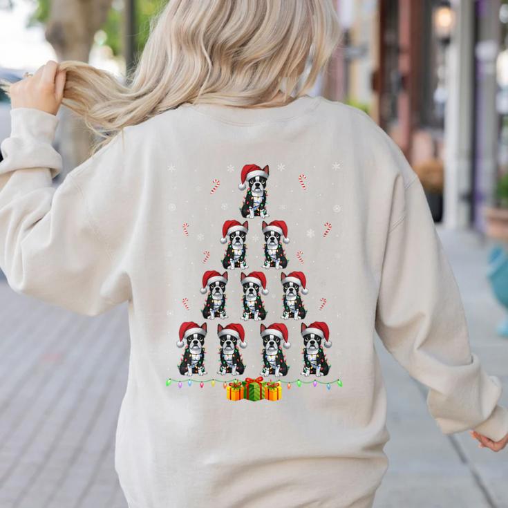 Boston Terrier Santa Hat Xmas Light Men Women Christmas Tree Women's Sweatshirt Back Print