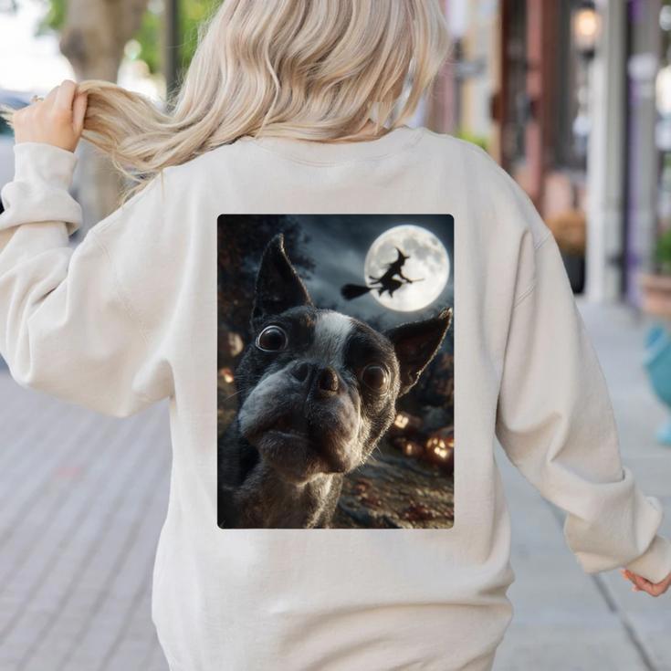 Boston Terrier Selfie Full Moon Flying Witch Halloween Dog Women's Sweatshirt Back Print