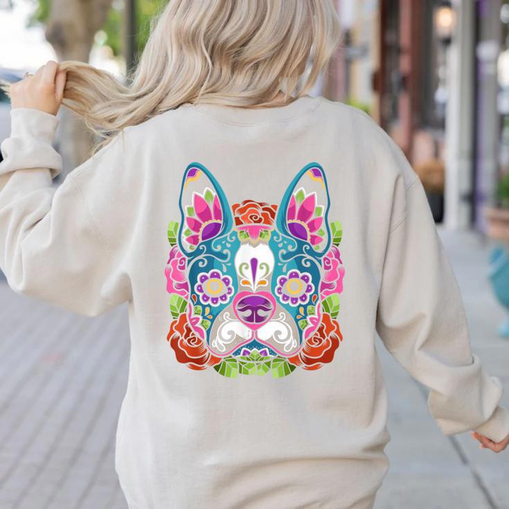Boston Terrier Sugar Skull Dog Day Of The Dead Women's Sweatshirt Back Print