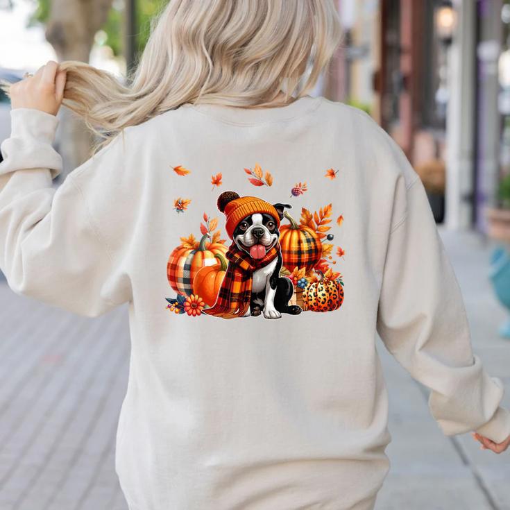 Boston Terrier Thanksgiving Leopard Pumpkins Fall Leaves Women's Sweatshirt Back Print