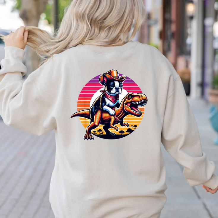Boston Terrier Wearing A Cowboy Hat On T-Rex Women's Sweatshirt Back Print