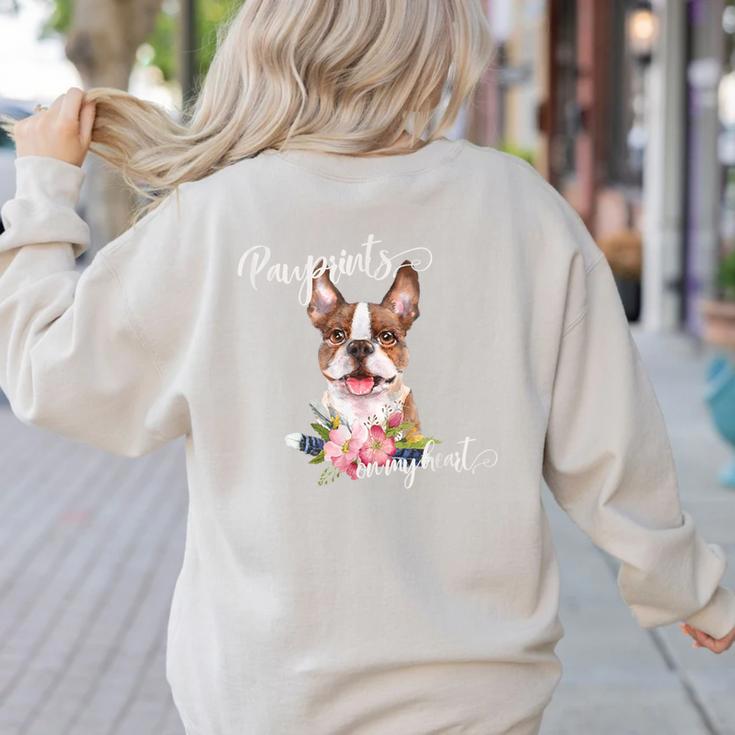 Brown Boston Terrier With Flowers And Feathers Women's Sweatshirt Back Print