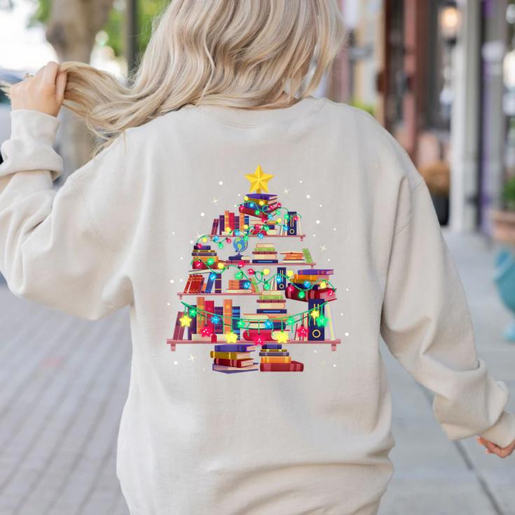 Christmas Library Tree Love Reading Books Nerd Teacher Women's Sweatshirt Back Print