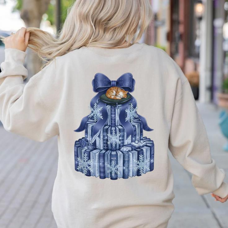 Coquette Bow Book Tree Merry Christmas Xmas Teacher Holiday Women's Sweatshirt Back Print