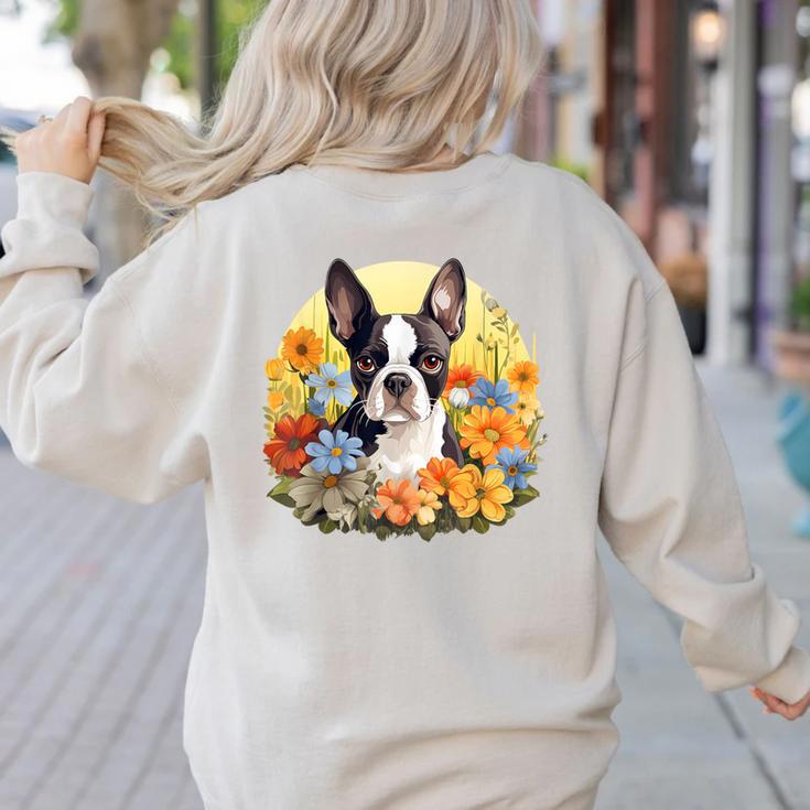 Cute Boston Terrier Spring Flower Garden Colorful Puppy Dog Women's Sweatshirt Back Print