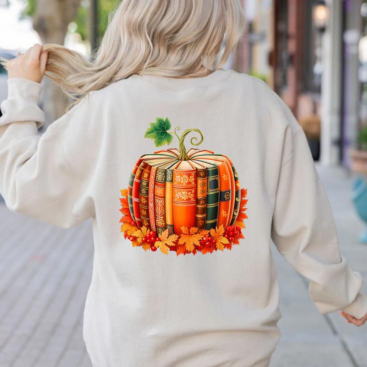 Fall Book Autumn Reading Teacher Halloween Pumpkin Season Women's Sweatshirt Back Print
