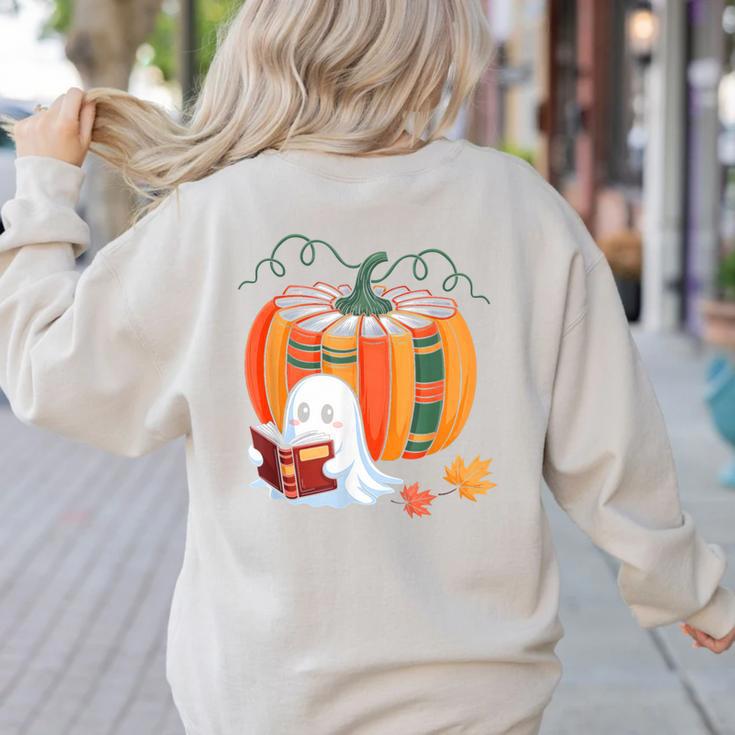 Fall Book Pumpkin Ghost Reading Books Halloween Teacher Women's Sweatshirt Back Print