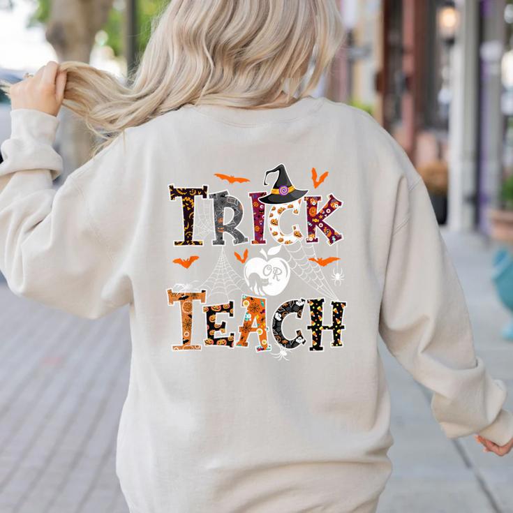Fall Holiday Themed Thanksgiving Halloween Teacher Trick Or Women's Sweatshirt Back Print
