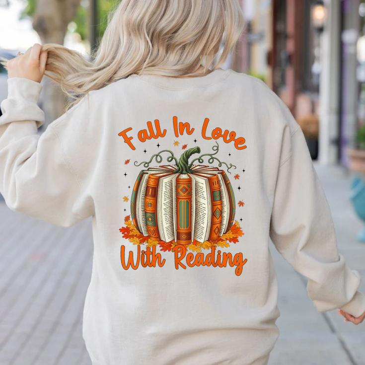 Fall In Love With Reading Pumpkin Autumn Librarians Teacher Women's Sweatshirt Back Print