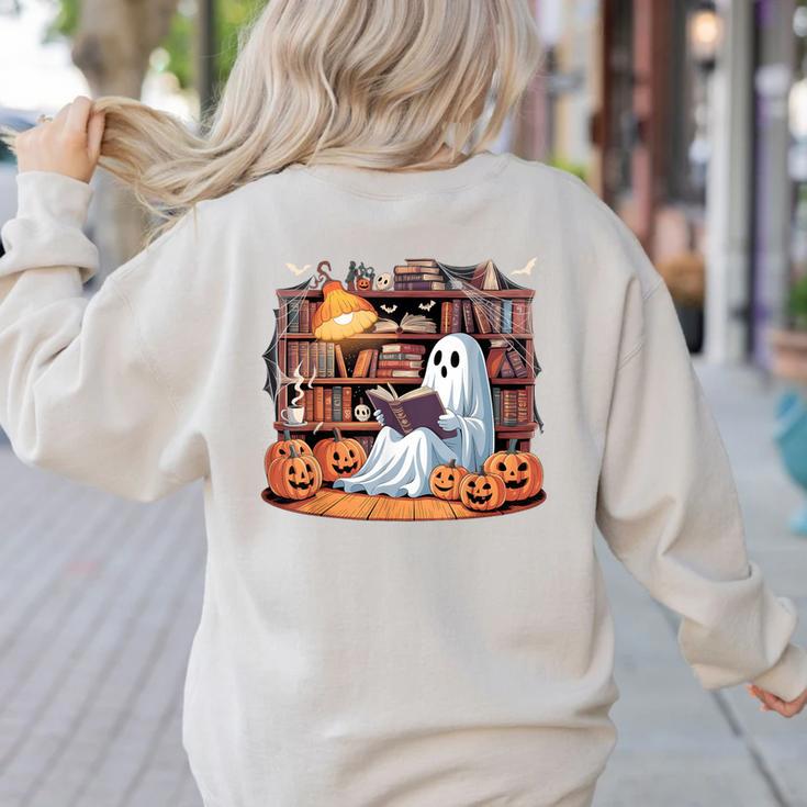Ghost Book Reading Halloween Books Lover Teacher Women's Sweatshirt Back Print