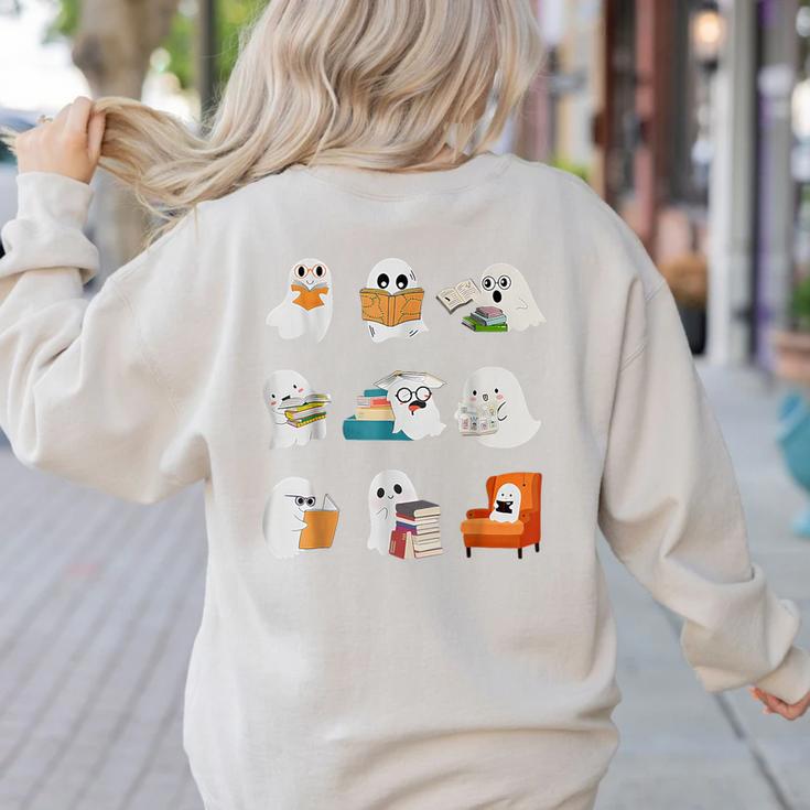 Ghost Reading Teacher Halloween Librarian Book Lover School Women's Sweatshirt Back Print