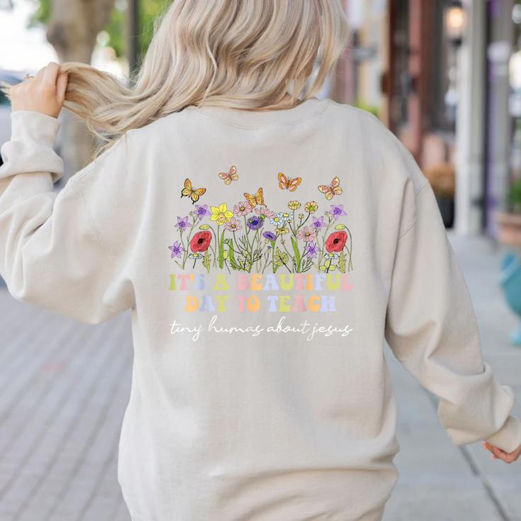 Groovy I Teach Tiny Humans About Jesus Christian Teacher Women's Sweatshirt Back Print