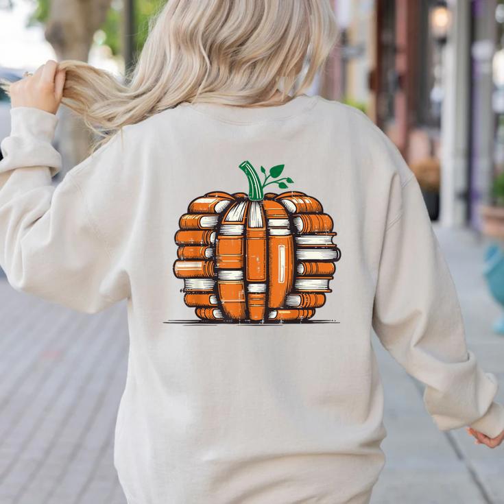 Halloween Books Pumpkin Reading Teacher Fall Men Women Women's Sweatshirt Back Print