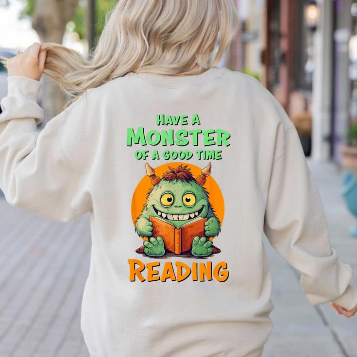 Halloween Teacher Librarian Monster Reading Books Men Women Kids Women's Sweatshirt Back Print