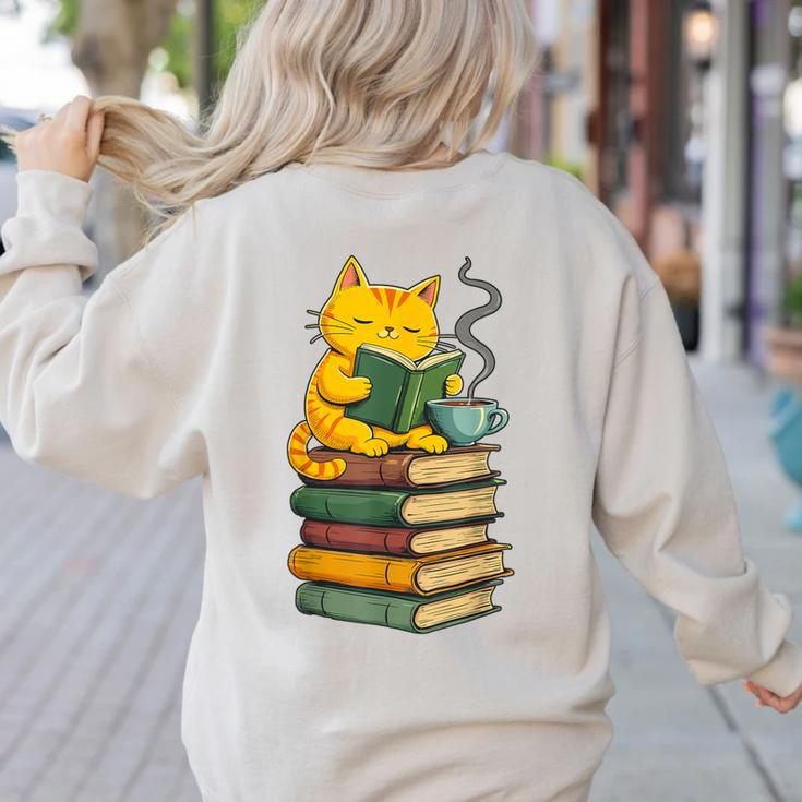 Kawaii Cats Lover Coffee Books Teacher Librarian Cat Women's Sweatshirt Back Print