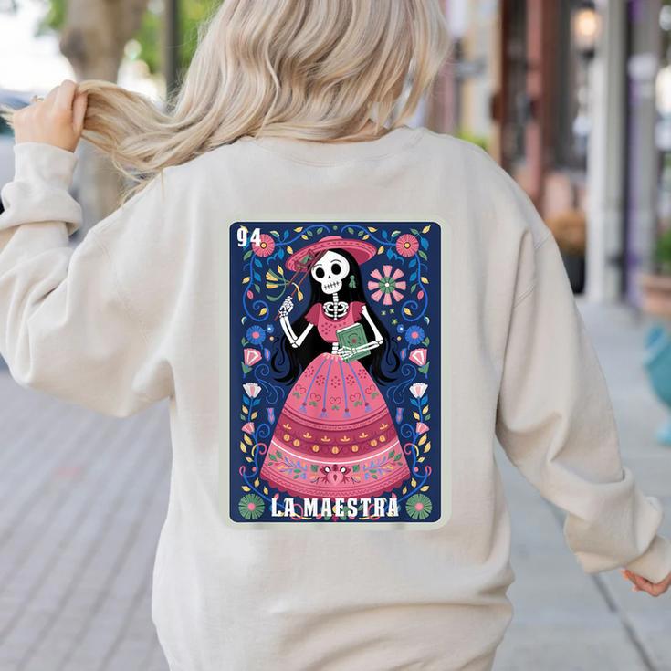 La Maestra Halloween Mexican Bingo Card Teacher Lottery Card Women's Sweatshirt Back Print