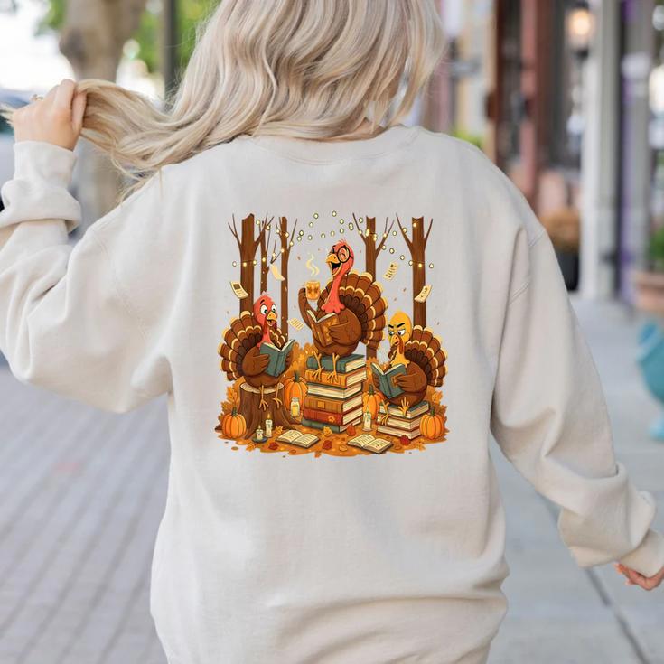 Librarian Turkey Reading Book Fall Thanksgiving Teacher Women's Sweatshirt Back Print
