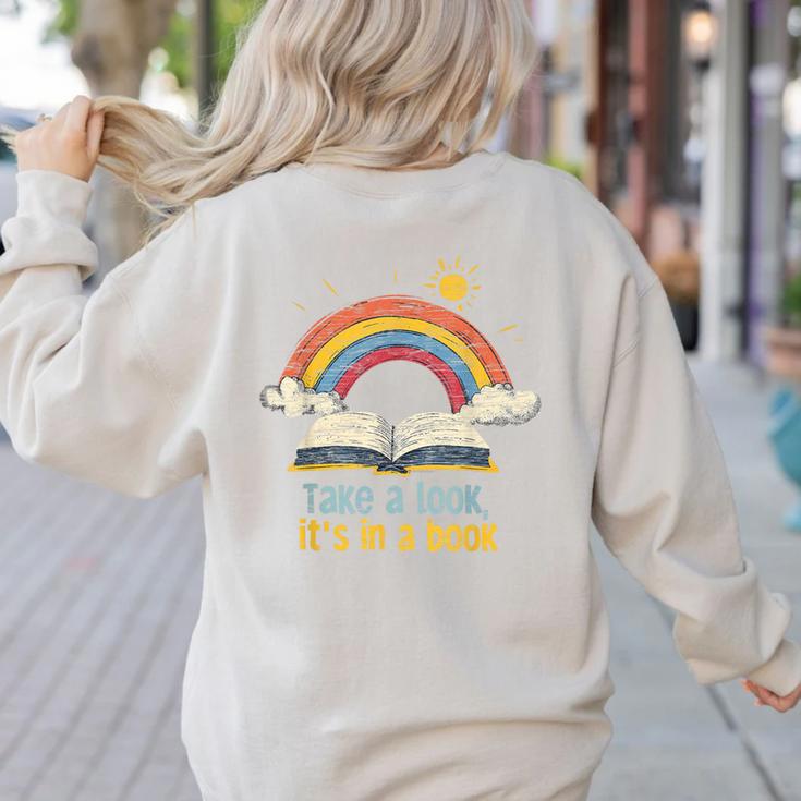 Take a Look It's In a Book Vintage Reading Teacher Rainbow Women's Sweatshirt Back Print