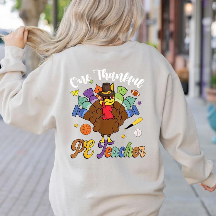 One Thankful PE Teacher Turkey Thanksgiving -Adults & Kids Classic Fit Polyester 100 Short Sleeve Women's Sweatshirt Back Print
