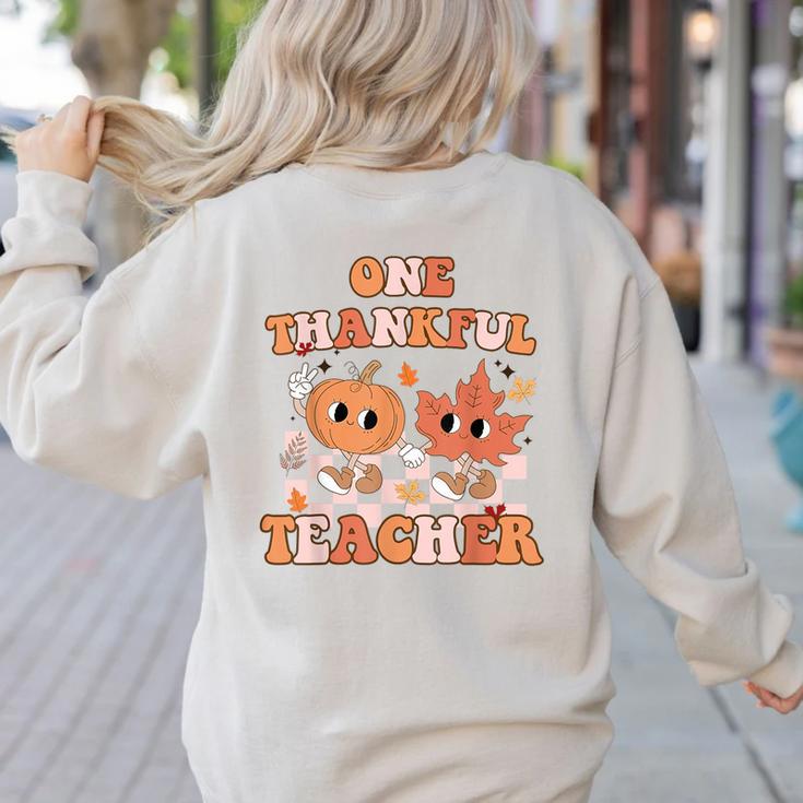 One Thankful Teacher Fall Leaves Thanksgiving Retro Women's Sweatshirt Back Print