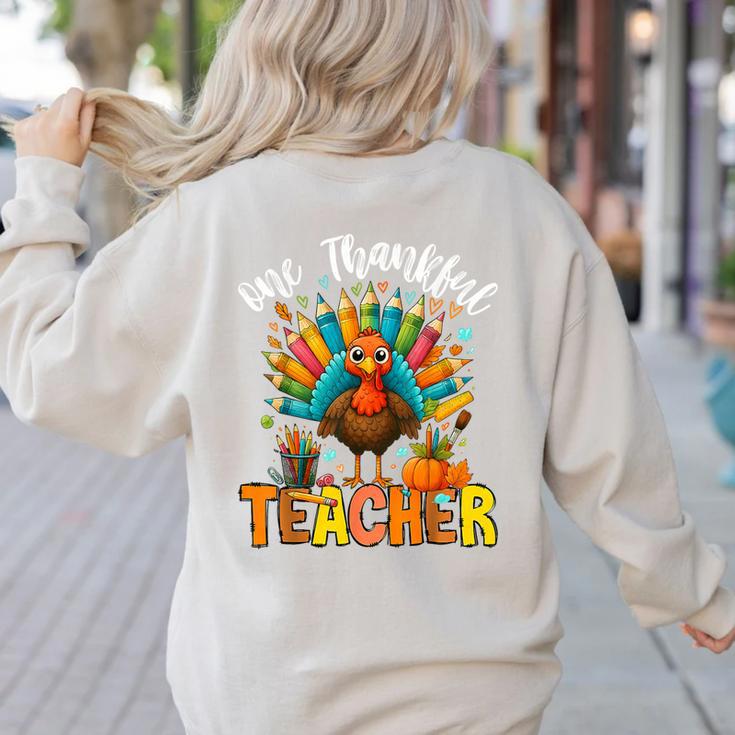 One Thankful Teacher Thanksgiving Turkey Cute Crayon Pencil Women's Sweatshirt Back Print