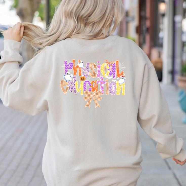 Physical Education Halloween Bow Checkered Teacher Ghost PE Women's Sweatshirt Back Print