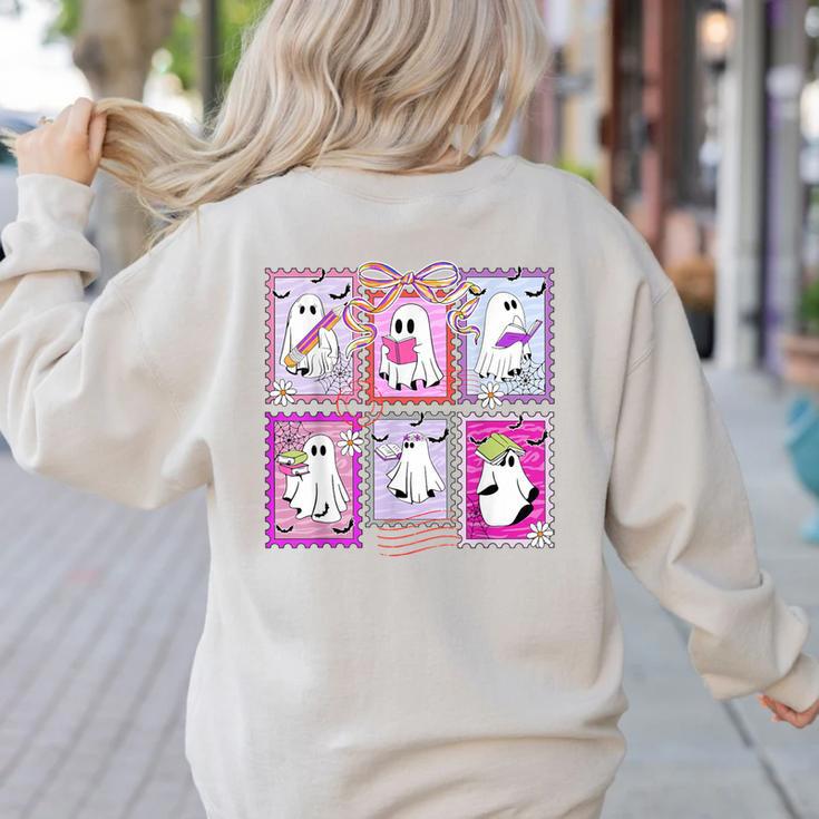 Preppy Spooky Teacher Halloween Ghost Coquette Bow Autumn Women's Sweatshirt Back Print