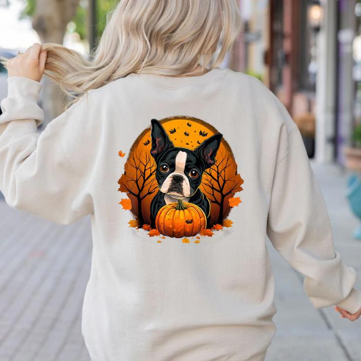 Pumpkin Boston Terrier Costume On Boston Terrier Halloween Women's Sweatshirt Back Print
