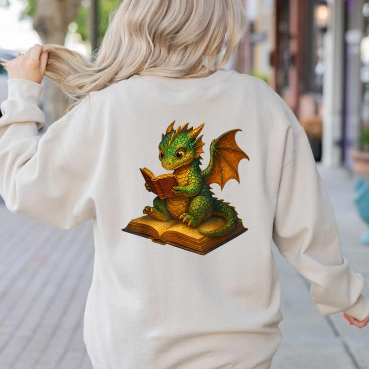 Reading Dragon Shirt For Bookish Teacher Librarian Bookworm Women's Sweatshirt Back Print