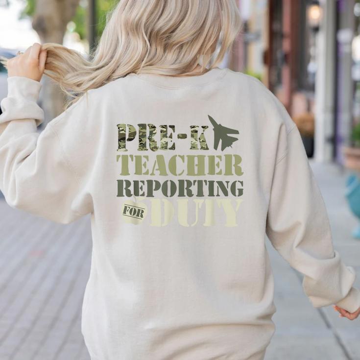 Retro Back To School Women Old Camo Pre-K Teacher Women's Sweatshirt Back Print
