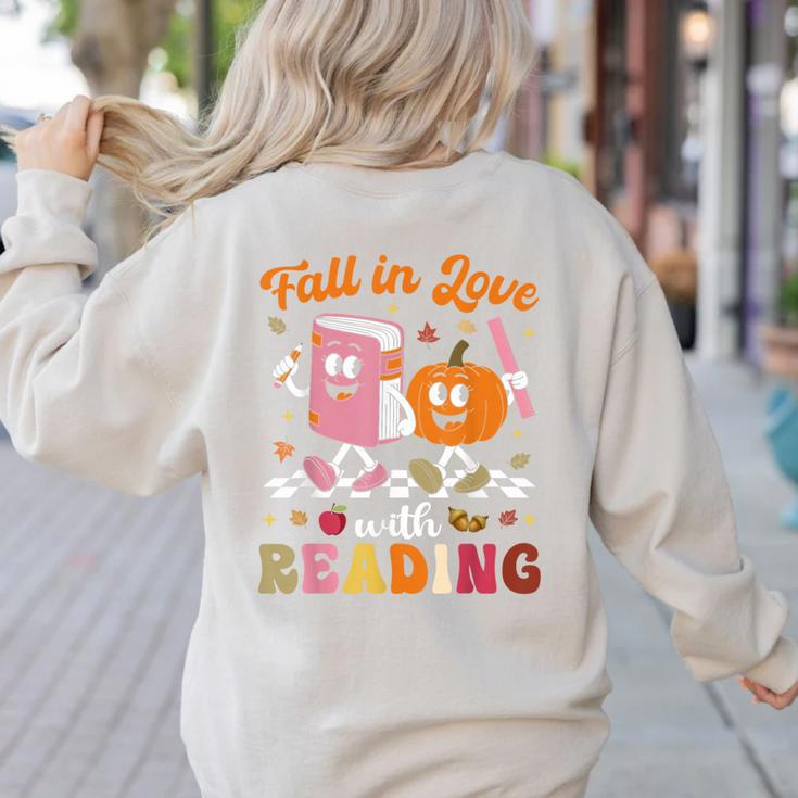 Retro Fall In Love With Learning Pumpkin Autumn Teacher Women's Sweatshirt Back Print