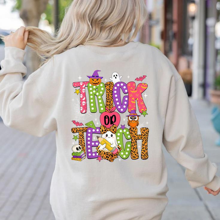 Retro Trick Or Teach Leopard Ghost Halloween Spooky Teacher Women's Sweatshirt Back Print