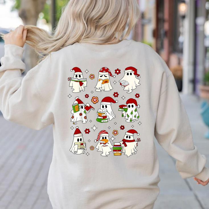 Santa Ghost Reading Books Christmas Library Teacher Women's Sweatshirt Back Print