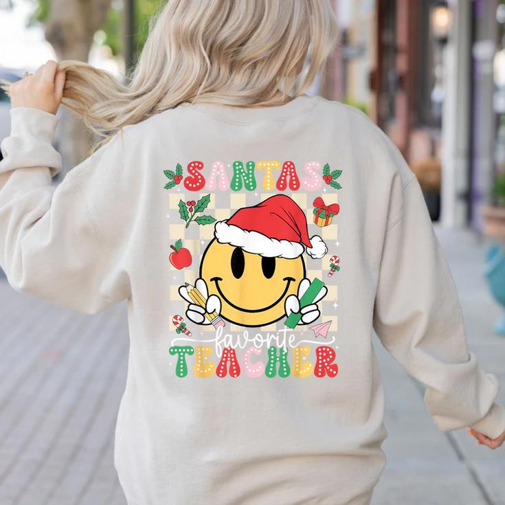 Santas Favorite Teacher Retro Groovy Smile Face Christmas Women's Sweatshirt Back Print