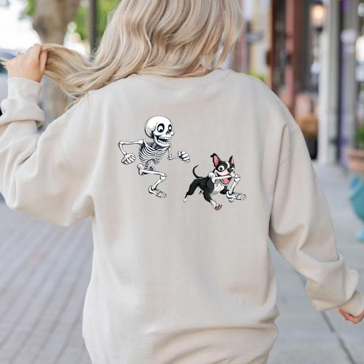Skeleton Chasing Dog Boston Terrier Halloween Pet Lover Women's Sweatshirt Back Print