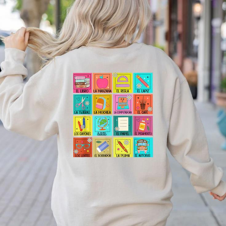 Spanish Teacher Back To School Maestra Dual Language Crew Women's Sweatshirt Back Print