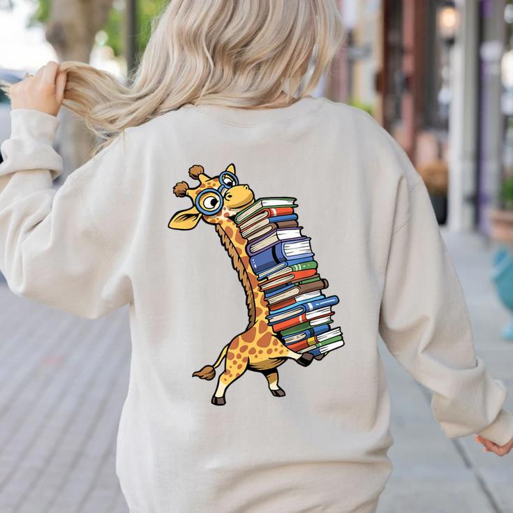 Teacher Shirt Giraffe Holding Books Bookworm Librarian Women's Sweatshirt Back Print