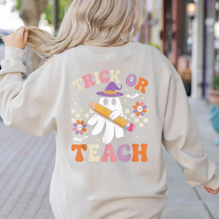 Trick Or Teach Groovy Teacher Halloween Retro Ghost Women's Sweatshirt Back Print