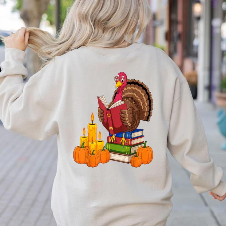Turkey Reading Books Fall Thanksgiving Teacher Book Women's Sweatshirt Back Print