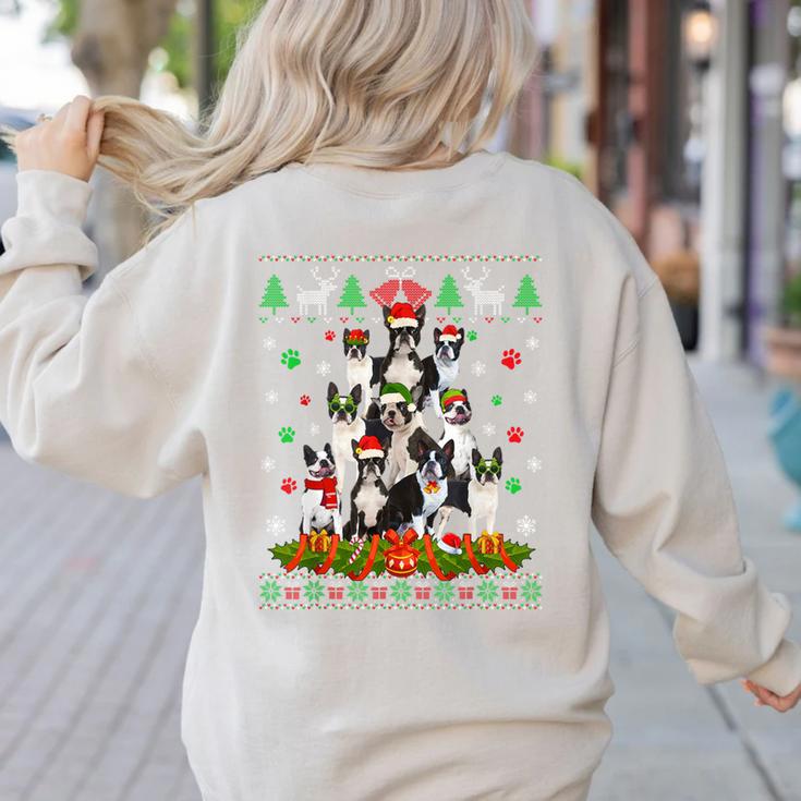 Ugly Sweater Christmas Tree Boston Terrier Dog Xmas Pajama Women's Sweatshirt Back Print