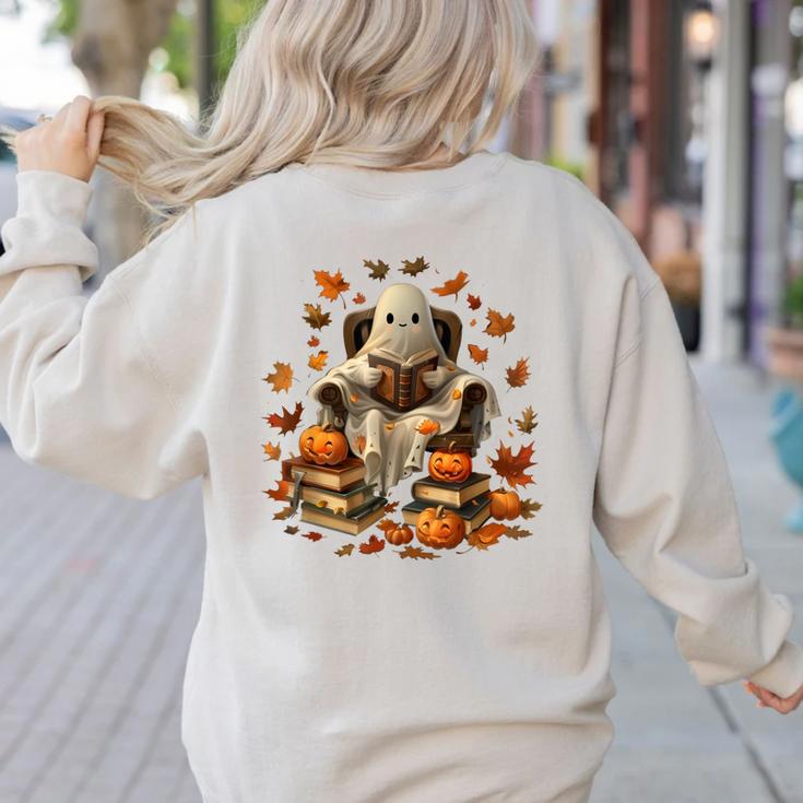 Vintage Ghost Book Reading Pumpkin Gothic Halloween Teachers Men Women Kids Women's Sweatshirt Back Print
