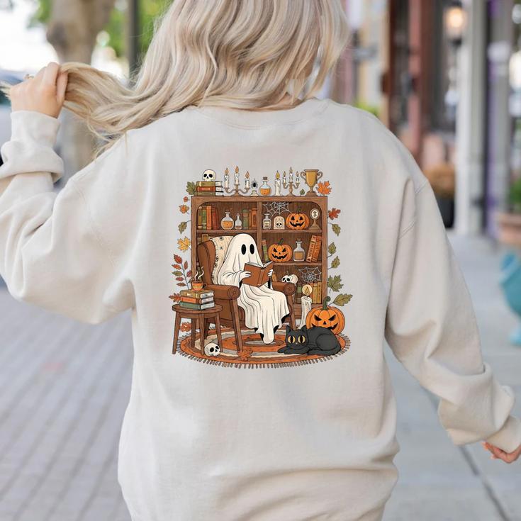 Vintage Ghost Book Reading Pumpkin Gothic Halloween Teachers Women's Sweatshirt Back Print