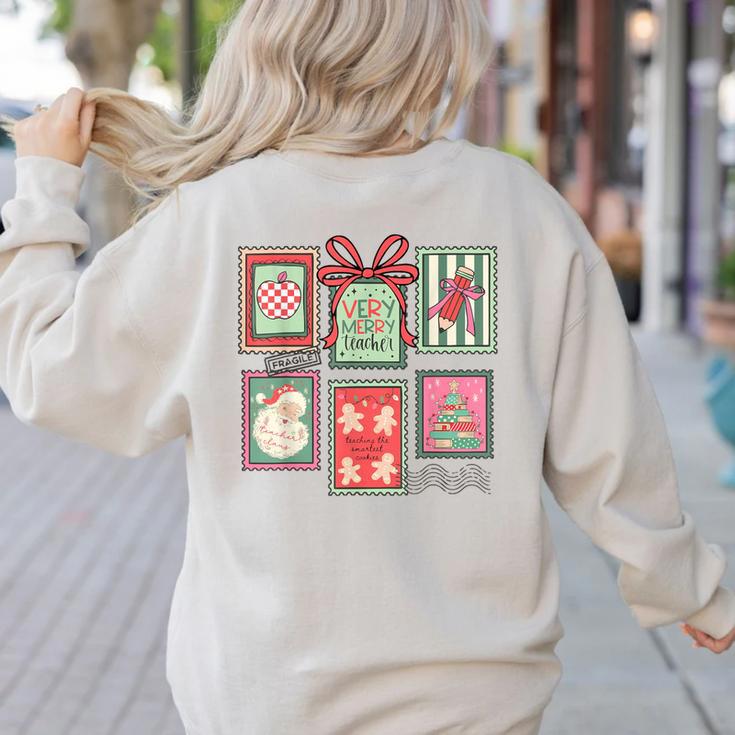 Vintage Preppy Very Merry Teacher Santa Stamps Christmas Women's Sweatshirt Back Print