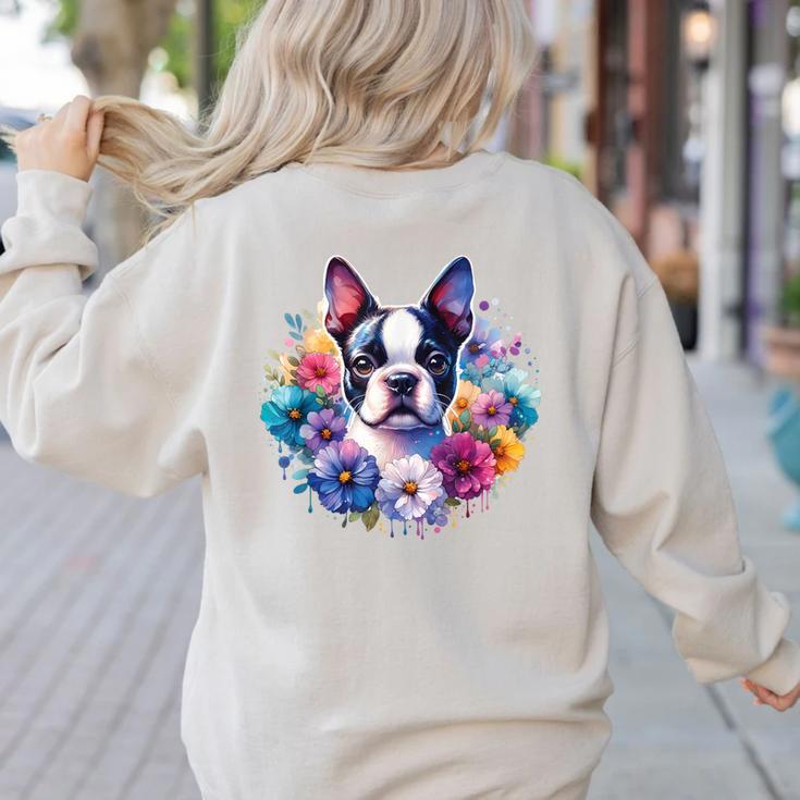 Watercolor Floral Boston Terrier Mama Dog Lover Mother's Day Women's Sweatshirt Back Print