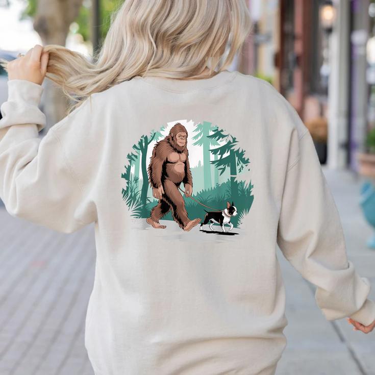 Whimsical Forest Adventures Sasquatch Bigfoot Walking Boston Terrier Dog Lovers Women's Sweatshirt Back Print