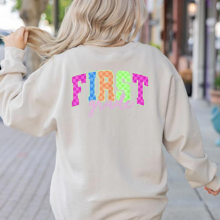 Back To School Neon Checkered First Grade Colorful Teacher Women's Sweatshirt Back Print