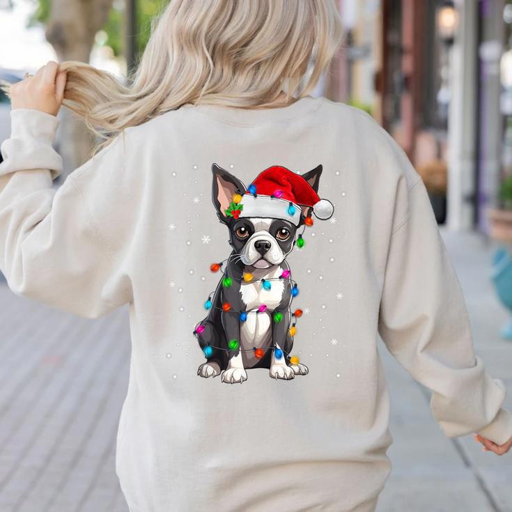 Boston Terrier Christmas Santa Hat Tree Lights Pajama Women's Sweatshirt Back Print