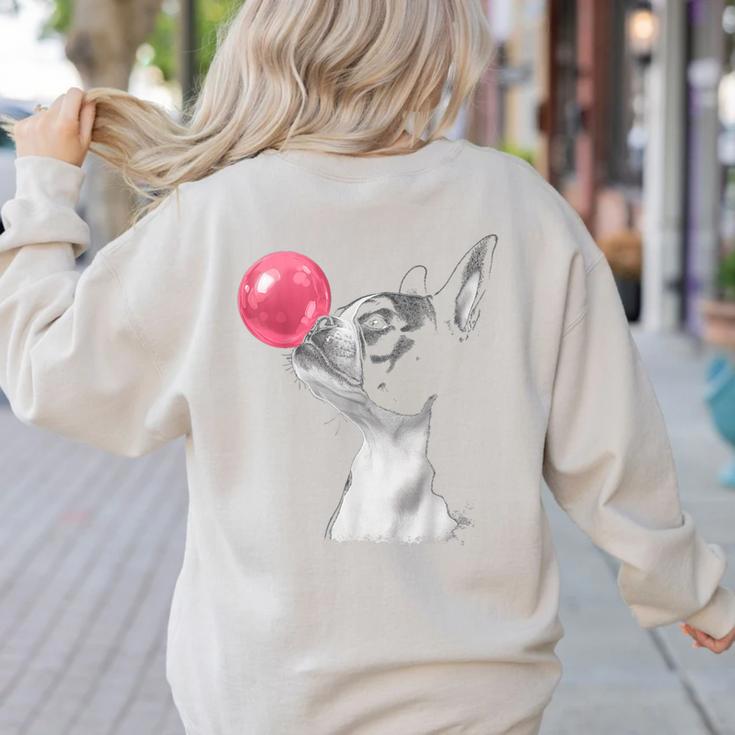 Boston Terrier Dog Blowing Chewing Bubble Gum Pink Women's Sweatshirt Back Print